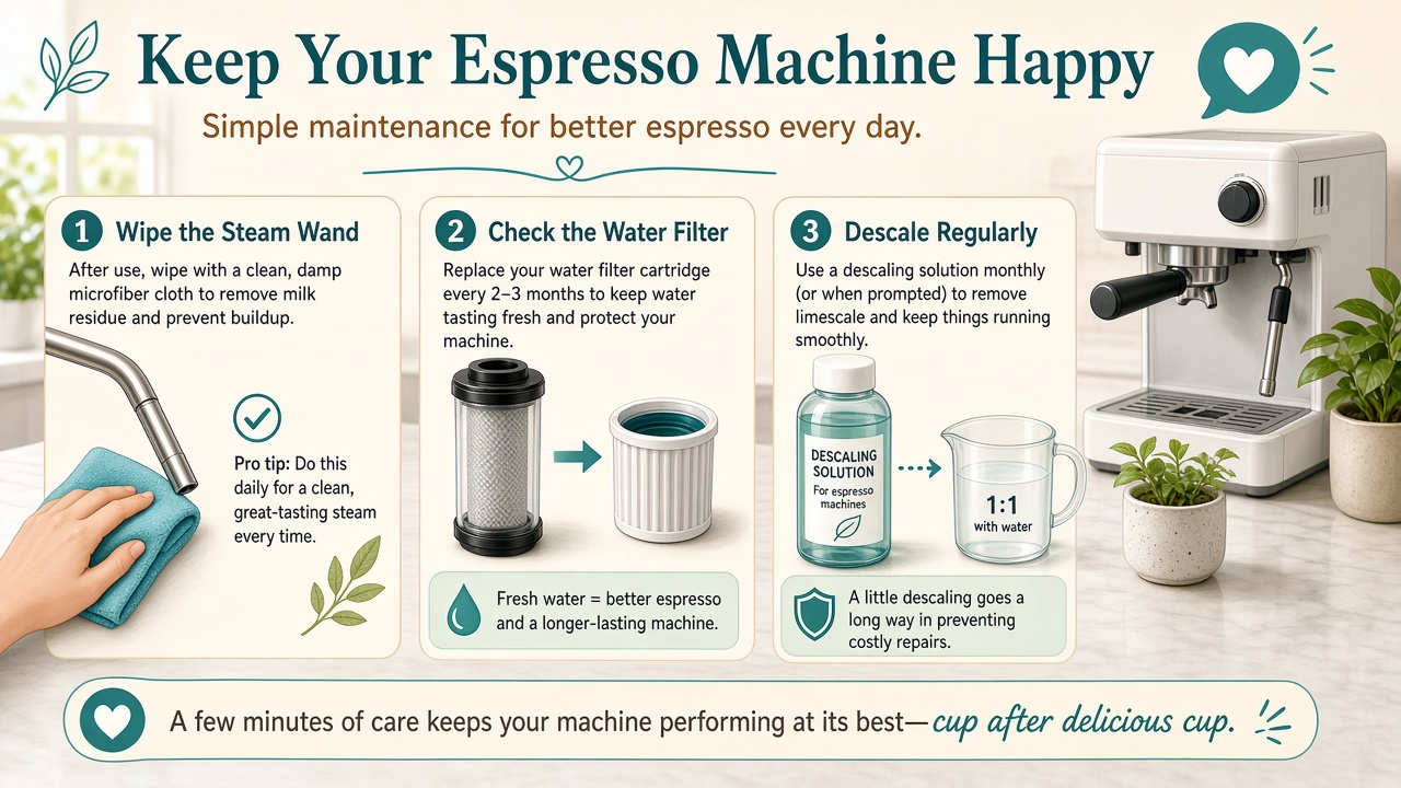 Illustrative coffee-machine care flat-lay: cloth, brush, descaling powder style props