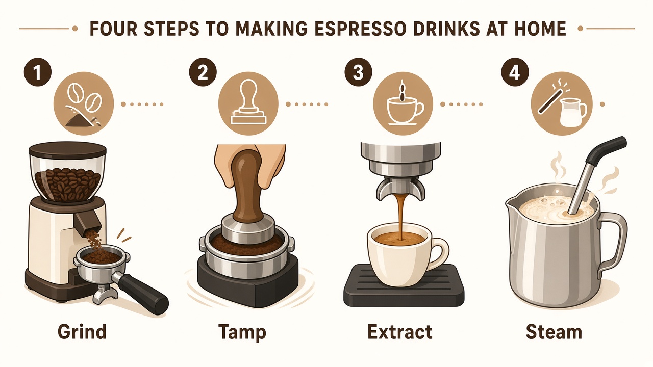 Illustrative four-step home espresso workflow: grind, tamp, extract, steam milk